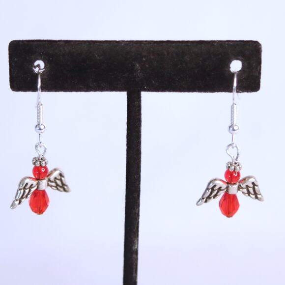 Little Dangling Angel Earrings Pierced Red Faceted Stone Silver Tone - Picture 2 of 9